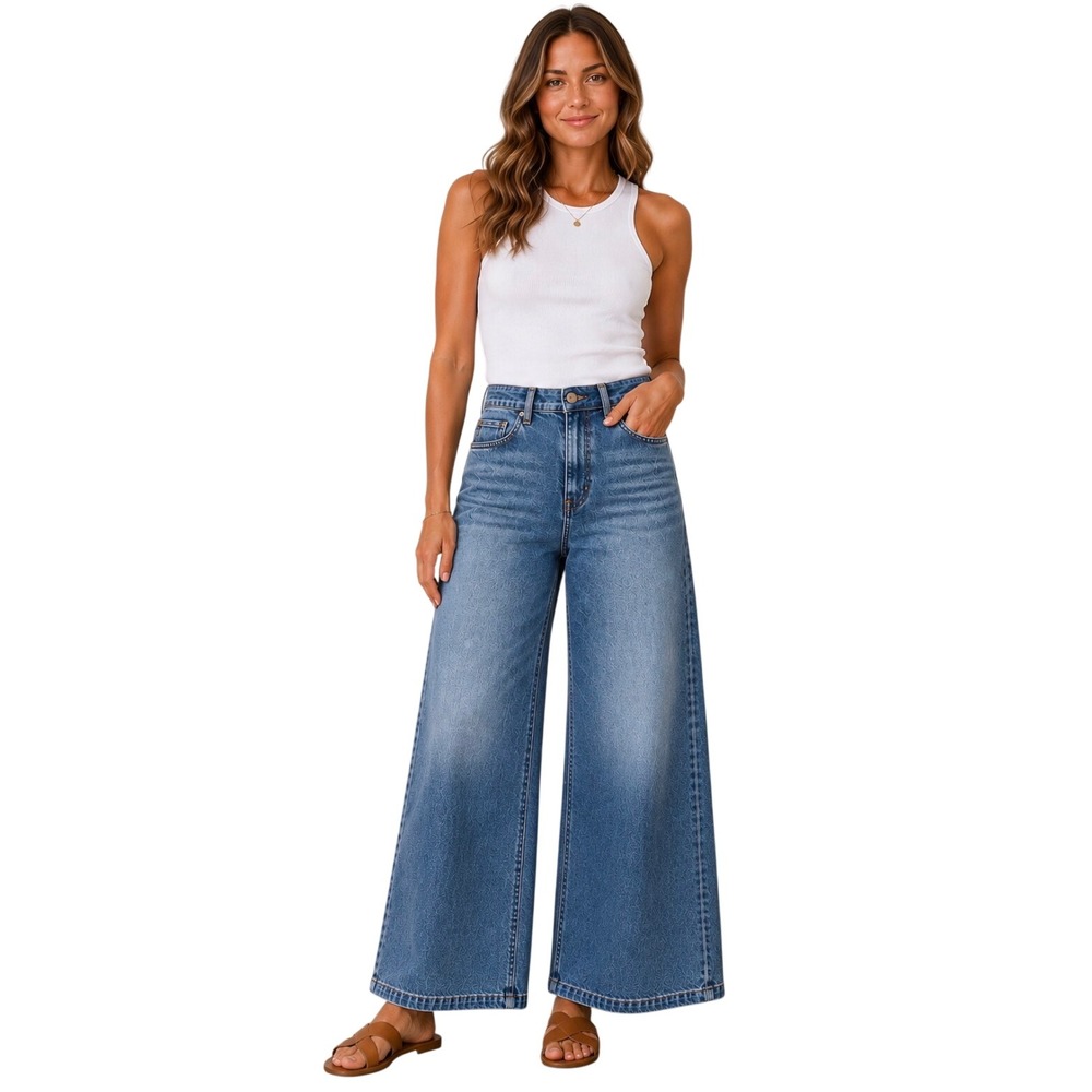 Pilcro and the Letterpress High Rise Wide Leg Jeans Medium Wash Blue Denim 32